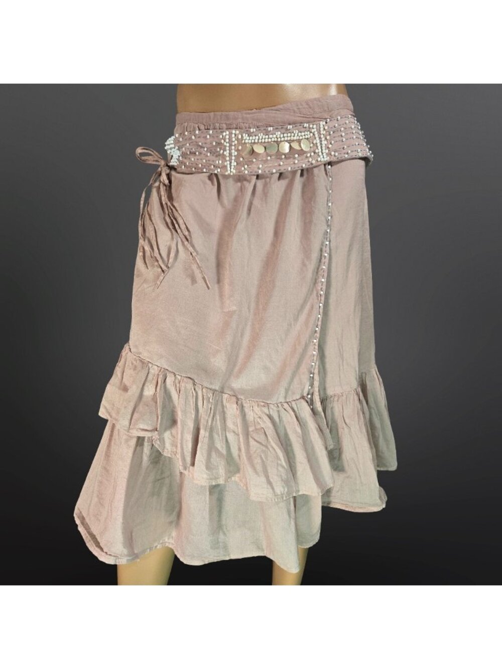 Y2K Animale beige Ruffled Midi Wrap skirt With Beaded Tie belt Size M Boho Fairy